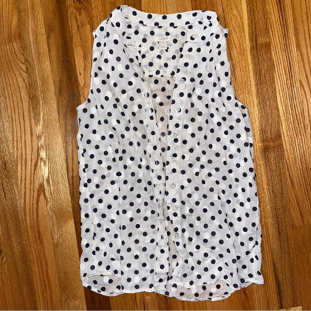 Blue Polka Dot Button Down Sleeveless Blouse